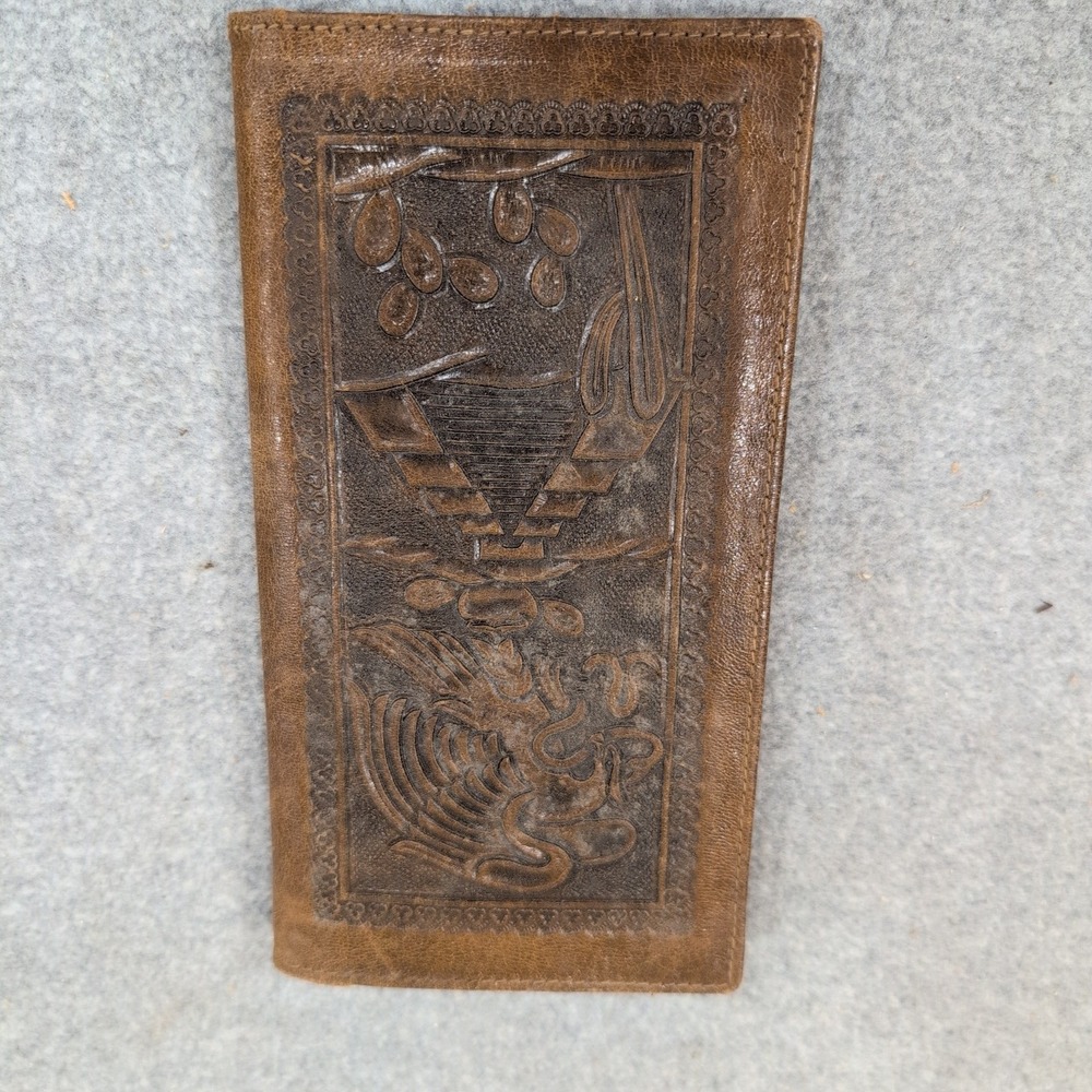 Vintage Hand Tooled Leather Long Wallet Aztec Mayan Warrior Brown Bifold NA305 - Picture 2 of 5